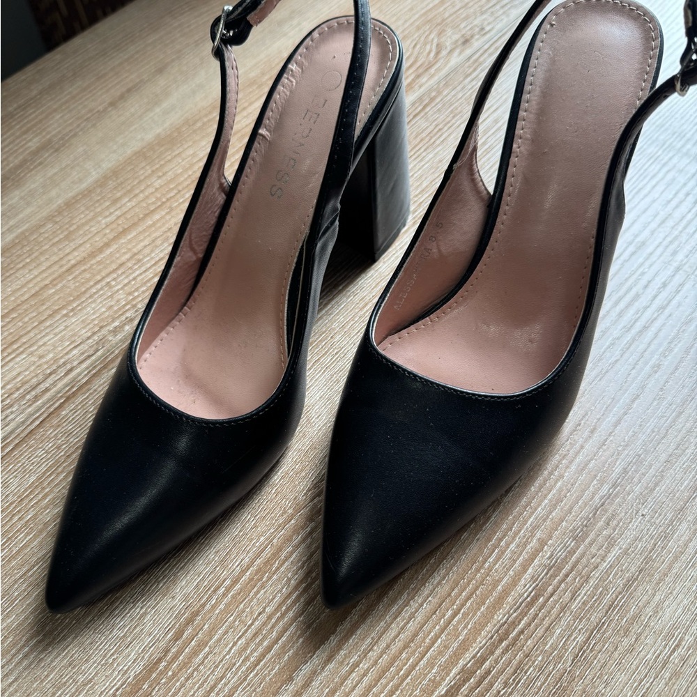 Pointed Toe Black Slingback Block Heel Pumps